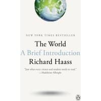 White book cover, "The World: A Brief Introduction" by Richard Haass, features Earth image and bestseller label.