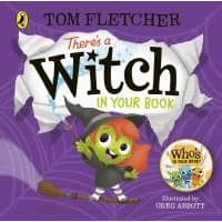Purple children's book "There's a Witch in Your Book" by Tom Fletcher, featuring a green witch with red hair and a broom.