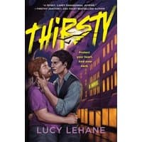 "Thirsty book cover with two men embracing, neon yellow title, and cityscape background under a purple sky."