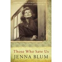 "Those Who Save Us" book by Canongate, sepia-toned cover with woman in vintage attire gazing out a window.