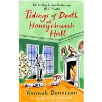 "Tidings of Death at Honeychurch Hall book with illustrated cover of a knight, dog, and fireplace in a green room"