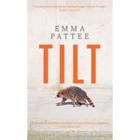 "Book titled 'Tilt' by Emma Pattee featuring a raccoon walking on a light background with bold orange text."