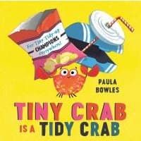 "Tiny Crab Is a Tidy Crab" children's book with colorful crab holding a snack bag and beach items on yellow background.
