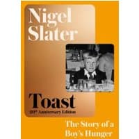 "Orange book cover titled 'Toast' by Nigel Slater, featuring a black and white photo of a young boy at a dining table."