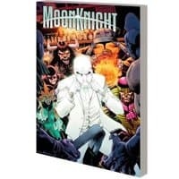 Moon Knight comic book with a white-suited character surrounded by colorful, dynamic action scenes and villains.