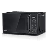 Black Toshiba microwave with digital display, 11 power levels, and touchpad. Suitable for 9'' pizza, sleek mirror finish.
