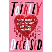 "Pink book cover 'Totally Deceased' with red heart, dripping jewels, and bold black and white text."