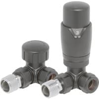 Anthracite round corner thermostatic radiator valves and lockshield set with silver connectors and numbered dial.