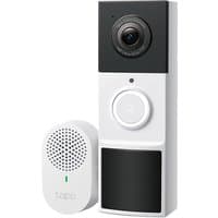 Black and white TP-Link Tapo video doorbell camera with round lens and speaker, includes separate white chime unit.