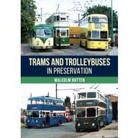 "Book titled 'Trams and Trolleybuses in Preservation' with images of vintage trams and buses on the cover"
