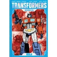 "Transformers Deluxe Edition Book One, blue cover with Optimus Prime illustration, red and white robotic figure"