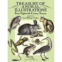 Book cover of "Treasury of Animal Illustrations" featuring vintage animal drawings on a pale green background.