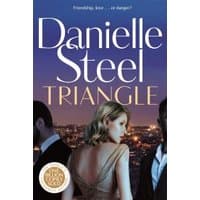 "Book cover for 'Triangle' by Danielle Steel, featuring a woman in a gold dress against a cityscape backdrop."