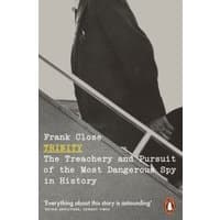 "Book cover of 'Trinity' by Frank Close, featuring a monochrome image of a man on stairs with bold yellow title text."