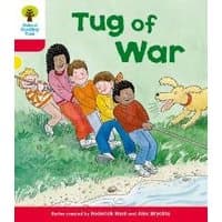 "Children's book 'Tug of War' with kids and a dog pulling a rope on a grassy field, colorful illustration."