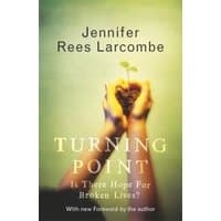 "Turning Point book cover with hands holding a small plant, green background, author Jennifer Rees Larcombe's name above"
