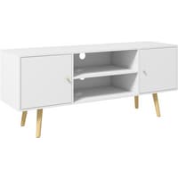 White TV stand cabinet with two doors, open shelves, cable holes, and wood legs.