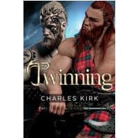 "Twinning book cover featuring two warriors, one with tattoos and the other in a red plaid garment, by Charles Kirk"