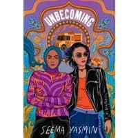 "Book titled 'Unbecoming' with two women in vibrant outfits, one in hijab, against a colorful, ornate background"