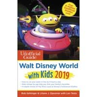 "Colorful book cover featuring an alien in a spaceship, titled 'Unofficial Guide to Walt Disney World with Kids 2019'"