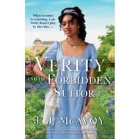 "Verity and the Forbidden Suitor" book cover featuring a woman in a blue dress with a garden background.