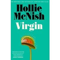 "Teal book cover of 'Virgin' by Hollie McNish featuring a Venus flytrap illustration"