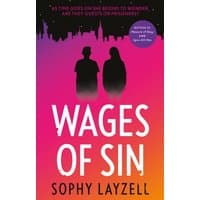 "Wages of Sin" book, pink-orange gradient cover, silhouettes of two people, city skyline, by Sophy Layzell.
