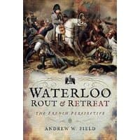 "Waterloo book cover featuring a historical battle scene with soldiers on horseback, title in bold letters"