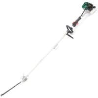 Webb WEPHT26 petrol hedge cutter with long reach, green engine housing, black handles, and silver cutting blade.