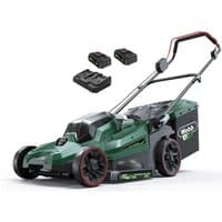 Green Webb cordless lawnmower with black wheels, red accents, 380mm cutting width, includes two batteries and charger.