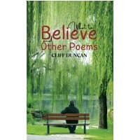 Book cover "What to Believe and Other Poems" with a man on a bench under willow trees by a lake.
