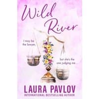 "Wild River book cover with scales of justice, purple flowers, and author Laura Pavlov's name in bold letters."