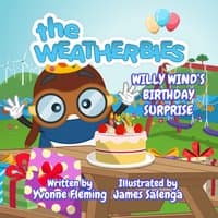 Children's book "Willy Wind's Birthday Surprise" with cartoon character, cake, gifts, and balloons on a grassy hill.