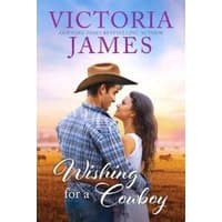 "Wishing for a Cowboy" book cover with couple embracing, sunset background, cowboy hat, and purple sky.