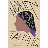 "Beige book cover of 'Women Talking' with black silhouette and purple headscarf, bold black title text."