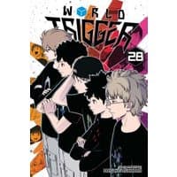 "World Trigger, Vol. 28 manga cover featuring four characters in black outfits against a colorful geometric background"