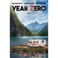 "Year Zero comic book cover with RV by a lake, mountains in background, graffiti on RV, authors' names at top"