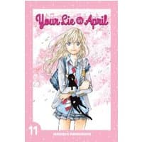 Manga "Your Lie in April. 11" with a girl in school uniform holding a cat, pink floral background, Kodansha America, Inc.