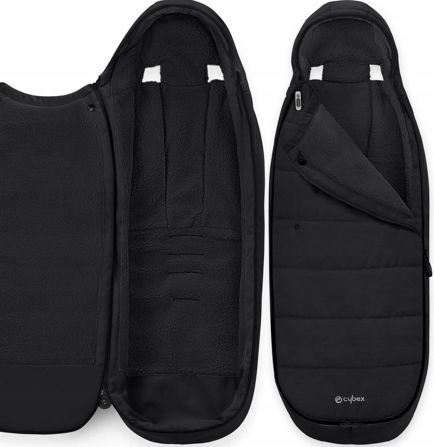 Black winter stroller sleeping bag by Cybex, featuring a soft fleece lining, lower zipper for easy access, and a sleek design suitable for various stroller models.