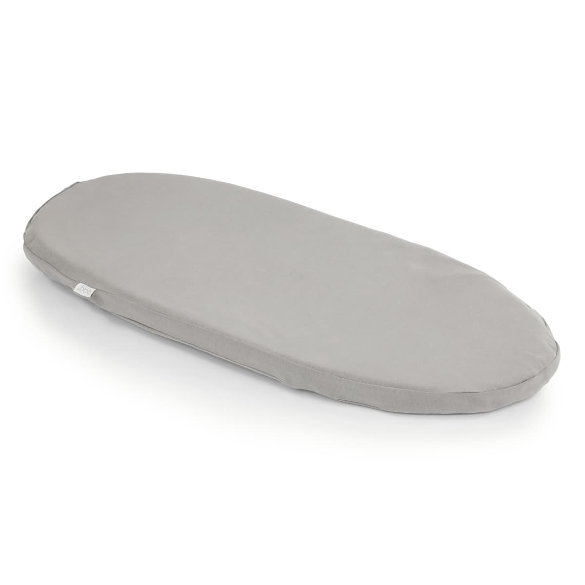 Light grey fitted carrycot sheet with a soft, smooth fabric texture, designed for Egg Egg 2 carrycots, showcasing a sleek oval shape for a snug fit.