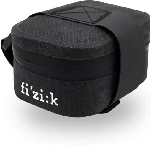 Black Fizik saddle bag made of durable material, featuring a secure strap, a compact design, and the brand name "fi'zi:k" prominently displayed on the side.
