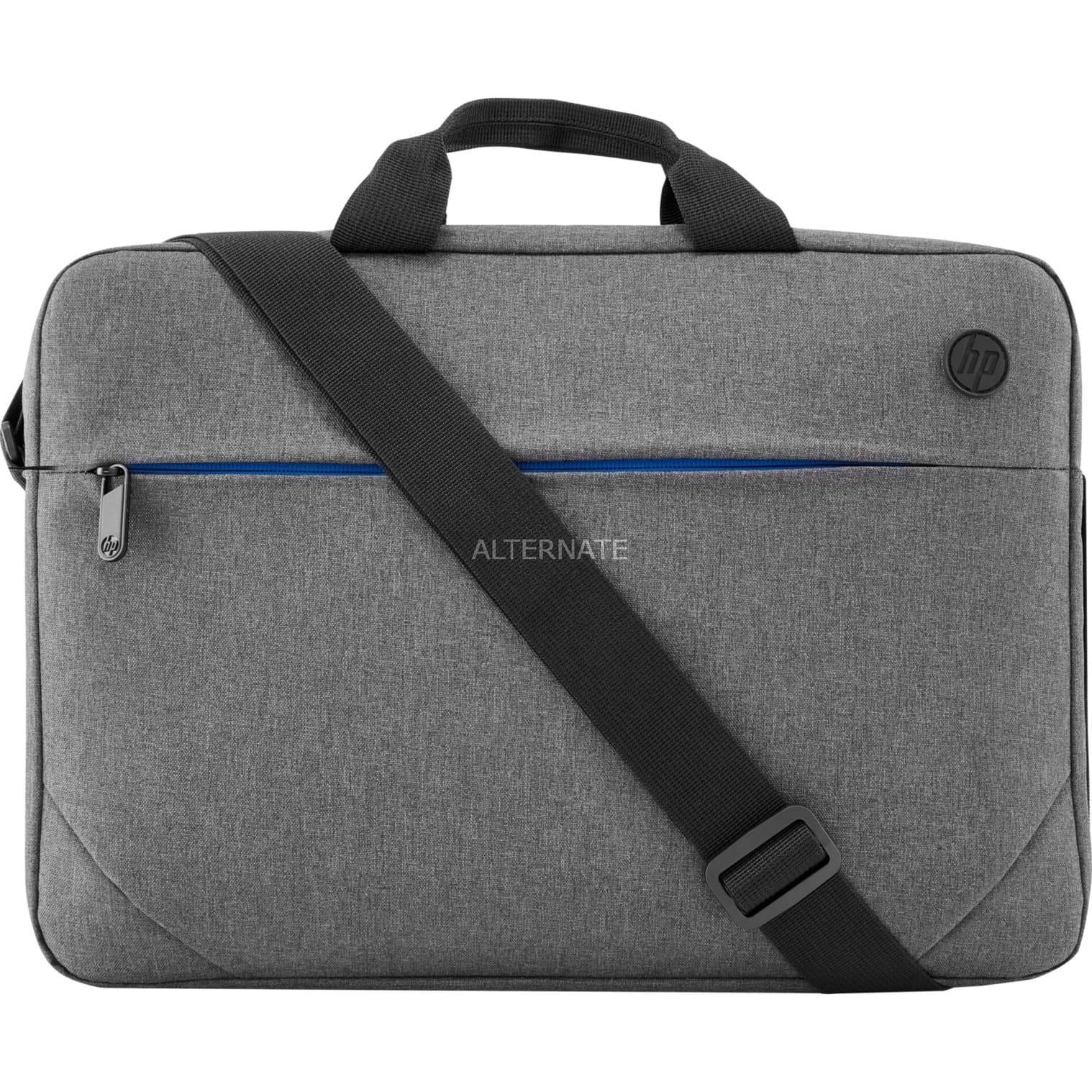 Gray fabric laptop bag with a blue zipper pocket, dual handles, and an adjustable shoulder strap, designed for 17.3-inch laptops, featuring the HP logo.