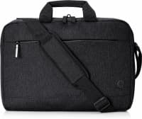Black, textured fabric laptop bag with a padded compartment for a 17.3-inch laptop, dual top handles, adjustable shoulder strap, and front zip pocket.
