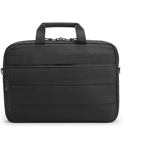 Black, padded laptop bag with a sleek design, featuring a top handle, zippered compartment, and a front pocket for additional storage, suitable for 14.1-inch laptops.