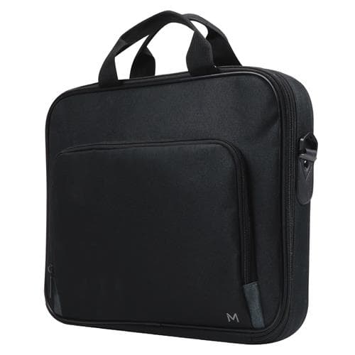Black clamshell briefcase with dual handles, a front zip pocket, and a padded interior designed to fit laptops sized 14-15.6 inches, made from durable fabric.
