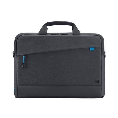 Black Mobilis 025028 laptop case, designed for 16" laptops, features a sleek exterior with a zippered compartment, a top handle, and a pop of blue accent.