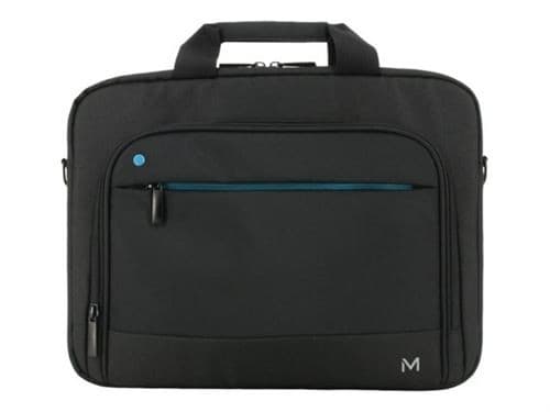 Black Mobilis briefcase with a 35.6 cm (14") size, featuring a front zippered pocket, blue accent, and dual handles for easy carrying.