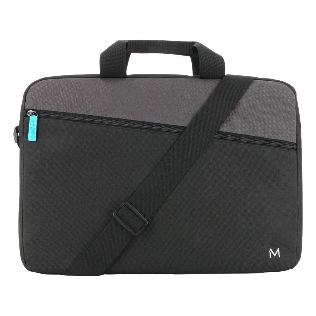 Black and grey Mobilis briefcase with a 35.6 cm (14") size, featuring a top handle, adjustable shoulder strap, and a front zip pocket with a blue zipper pull.