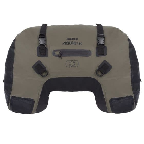Khaki and black Oxford Aqua D-50 Roll Bag, 50L capacity, featuring waterproof material, adjustable straps, and mesh pockets for easy access.
