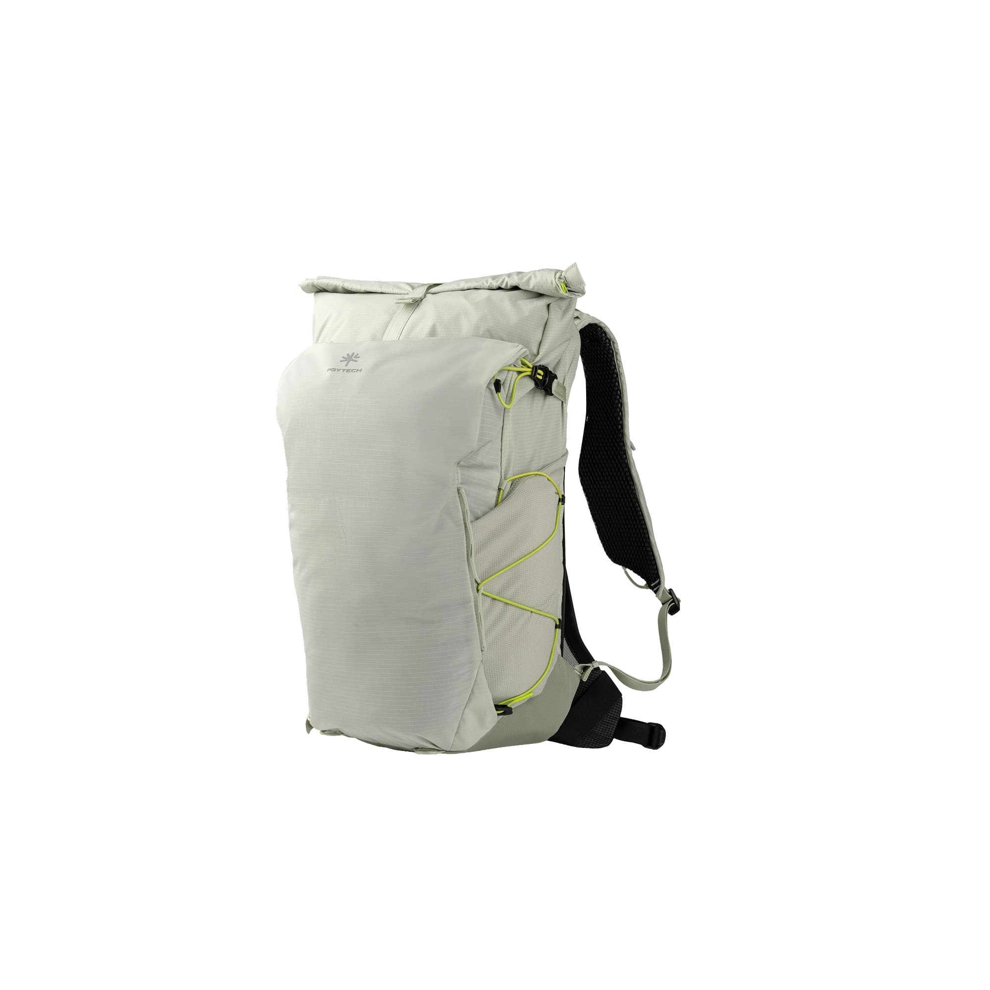 Light gray PGYTECH P-CB-418 backpack with a roll-top closure, adjustable straps, and green accents, designed for outdoor use with a durable, water-resistant material.